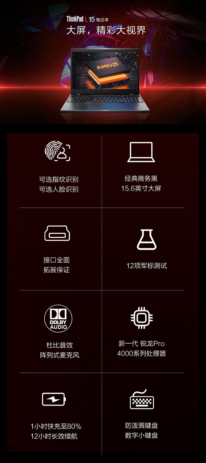 联想ThinkPad L15 15.6英寸商务笔记本 Ryzen5 Pro 4650U 8GB内存 512GB SSD