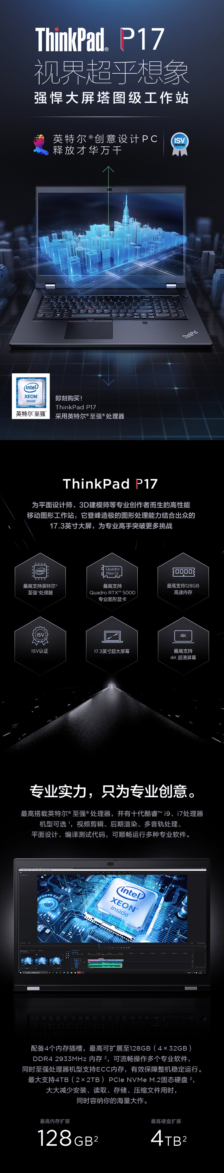 联想ThinkPad P17专业设计本 W-10885M 32G ECC内存 UHD校色屏 RTX 5000显卡三年上门保