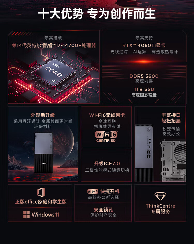 联想ThinkCentre P900c台式机 i5-14400F RTX4060 16GB 1TB SSD设计师主机