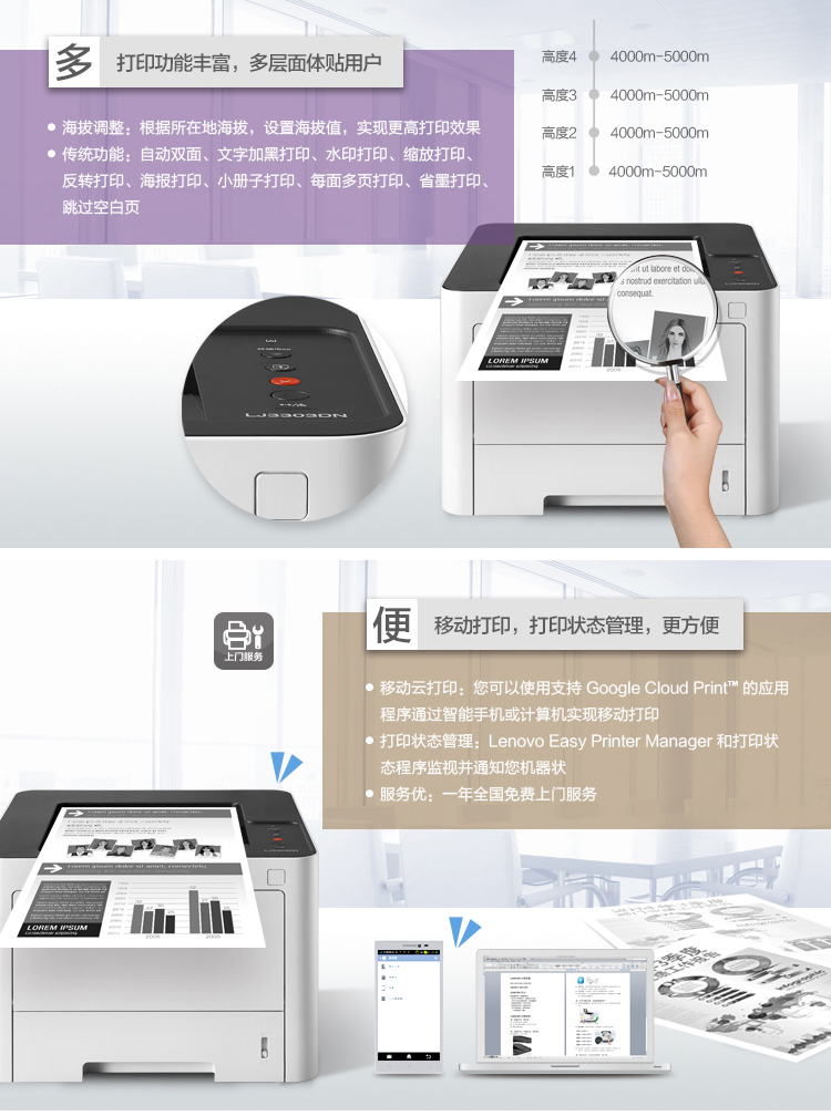 联想LJ3303DN黑白激光打印机 自动双面网络打印轻松提升办公效率