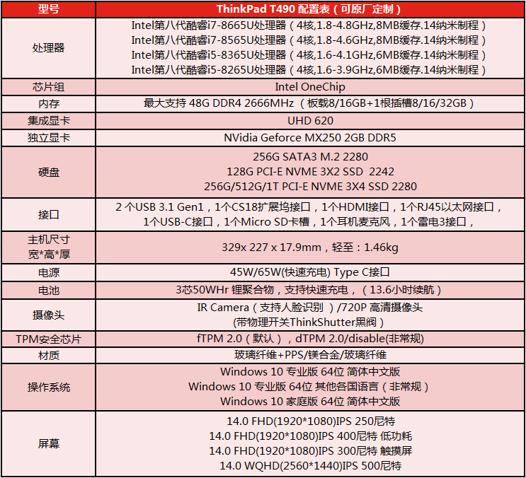 联想ThinkPad T490商务旗舰笔记本 八代酷睿处理器MX250独显48GB内存支持