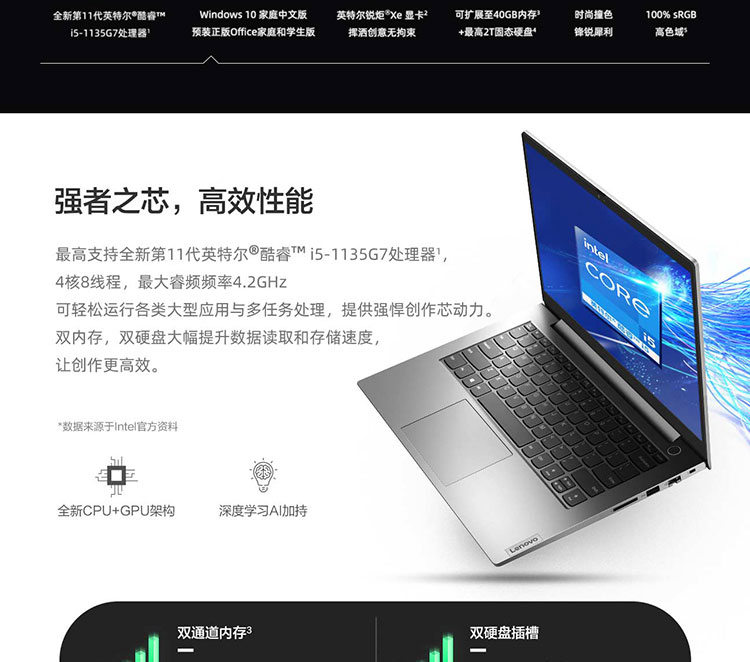 联想ThinkBook 14笔记本 11代酷睿i5-1137G7轻薄高性能商务本可扩展至40GB内存2TB固态硬盘