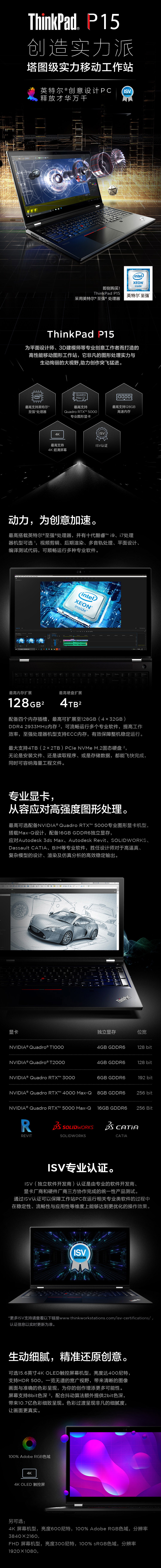 联想ThinkPad P15高性能移动工作站 Xeon W-10885M 32GB ECC内存1TB固态硬盘4K OLED显示屏