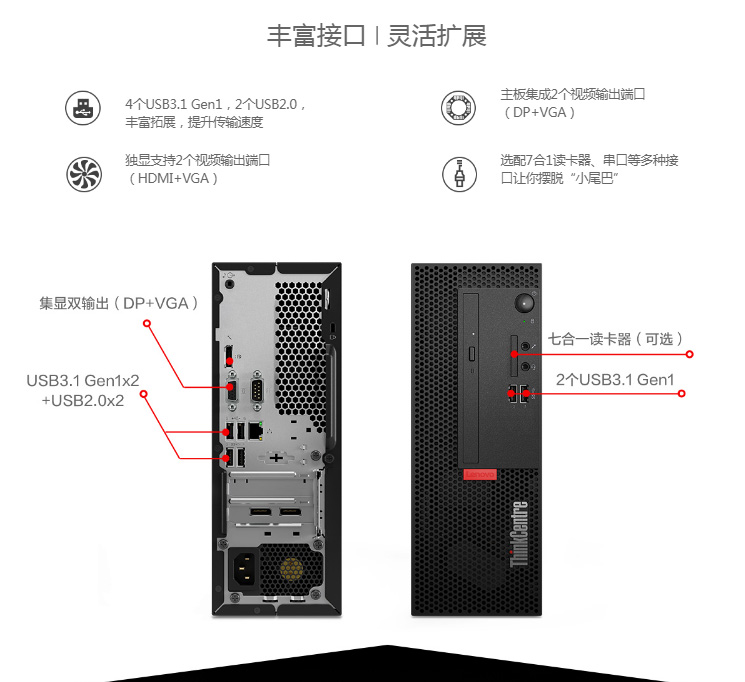 联想ThinkCentre M720e台式机 小巧7.4升机箱配备独立显卡双视频输出HDMI+VGA