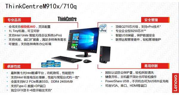 联想ThinkCentre M710q办公电脑 小巧机箱设计支持M.2 SSD与DDR4 2400高速内存