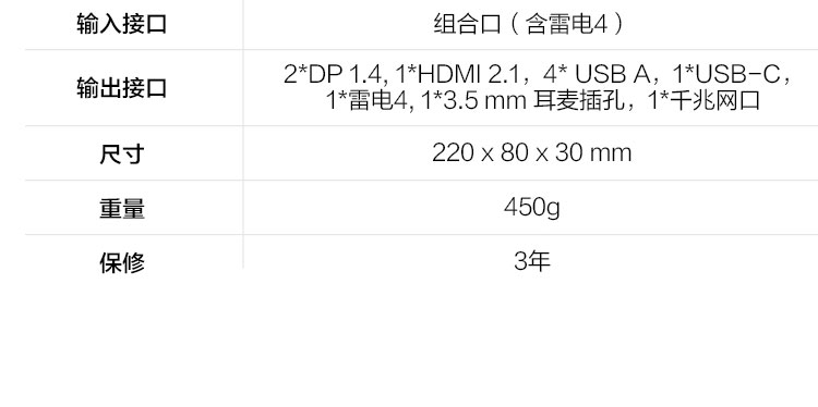 联想ThinkPad Thunderbolt 4 Dock 40B00300CN 高速40Gbps传输多屏办公300W输入/230W输出